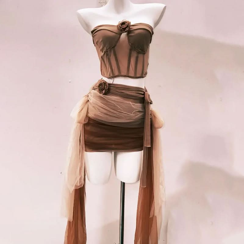 Flower applique ruched mesh knotted mini skirt set