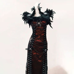 Feather spider applique beaded lace up maxi dress