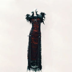 Feather spider applique beaded lace up maxi dress