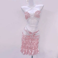 Halter bowknot 3 piece ruffle beaded ruched mini skirt set