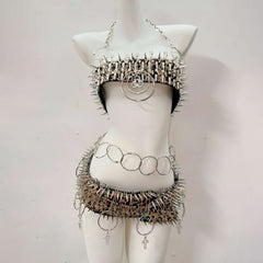 Leopard print o ring halter rivet mini skirt set