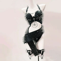 PU leather rivet skull applique cross back short pant set