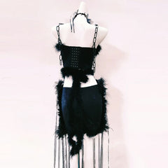 Rivet flower applique PU leather fluffy cami mini skirt set