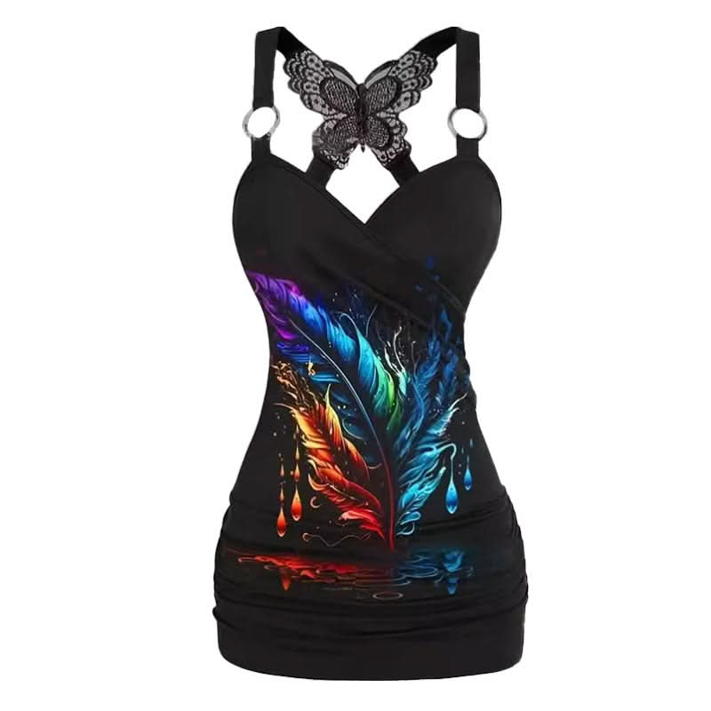 O ring v neck butterfly print cami mini dress