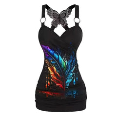 O ring v neck butterfly print cami mini dress