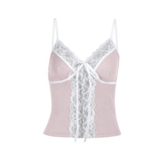 V neck lace hem self tie cami top