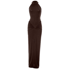 Crewneck ruched sleeveless solid maxi dress