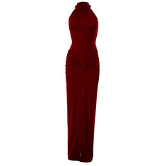 Crewneck ruched sleeveless solid maxi dress