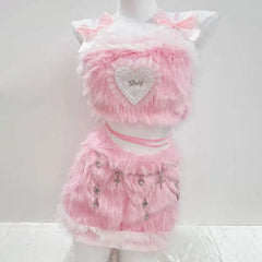 Bowknot fluffy ruffle cami mini skirt set