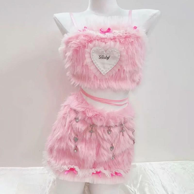 Bowknot fluffy ruffle cami mini skirt set
