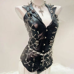 Metal chain PU leather rivet applique top