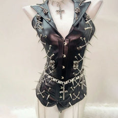 Metal chain PU leather rivet applique top