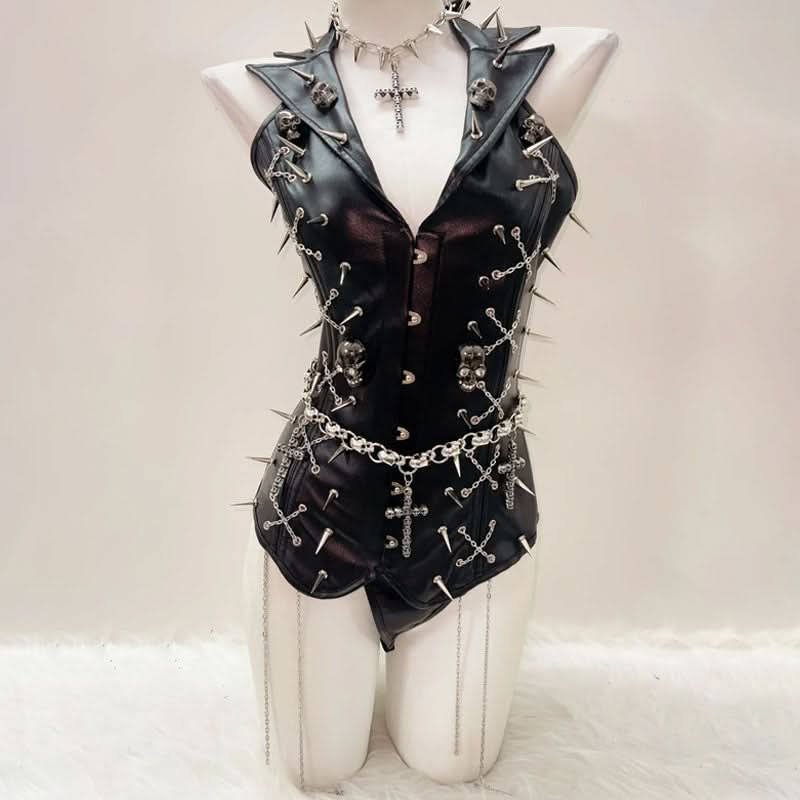 Metal chain PU leather rivet applique top