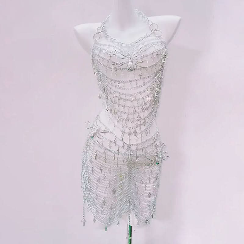 Metal chain hollow out spider applique mini skirt set