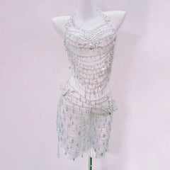Metal chain hollow out spider applique mini skirt set