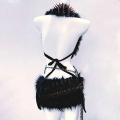 Halter self tie o ring fluffy skull applique mini skirt set