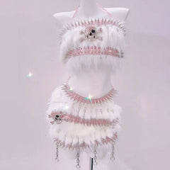 Fluffy skull applique metal chain o ring mini skirt set