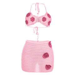 Halter self tie flower applique mini skirt set