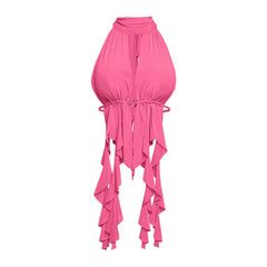 Hollow out ruched self tie halter cut out top