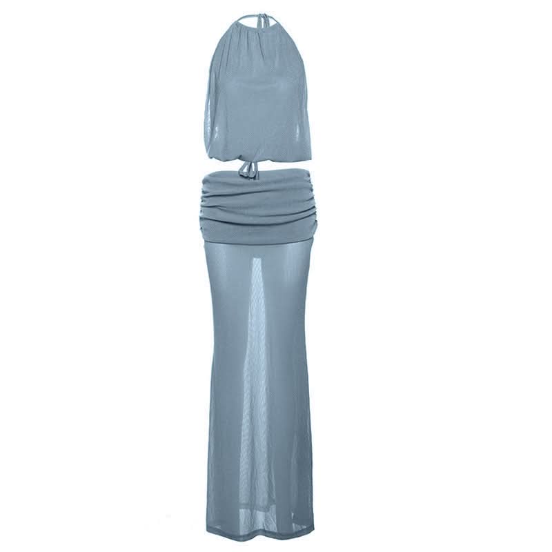 Ruched self tie halter backless maxi skirt set