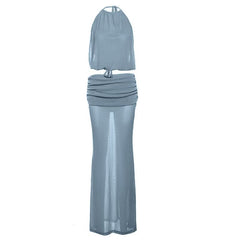 Ruched self tie halter backless maxi skirt set