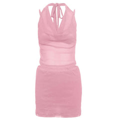 Cowl neck halter self tie 3 piece mini skirt set
