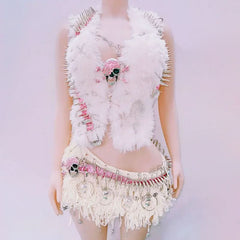 Fluffy rivet halter skull applique self tie mini skirt set