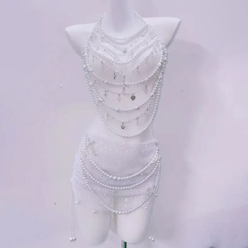Halter beaded hollow out backless mini skirt set
