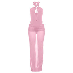 Hollow out button halter ruched maxi skirt set