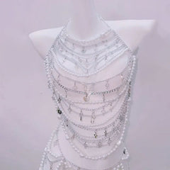 Halter beaded backless metal chain belt top