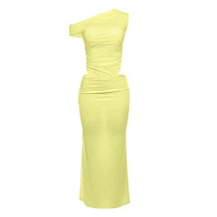 Mesh one shoulder irregular ruched maxi dress
