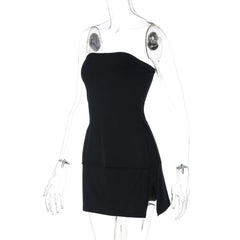 Slit irregular backless solid tube mini skirt set