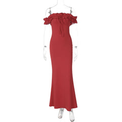 Ruffle off shoulder self tie solid midi dress