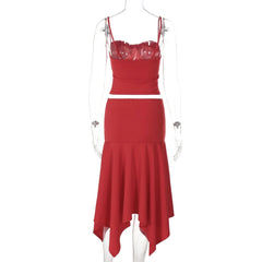 Ruched backless solid cami midi skirt set