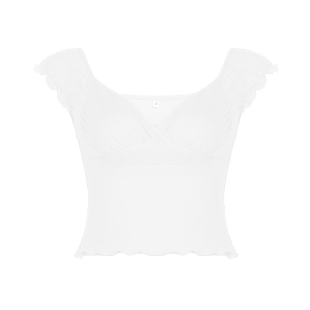 Ruffle v neck ruched puff sleeve solid top