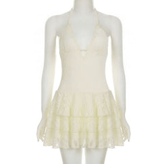 Hollow out v neck lace self tie halter cut out mini dress