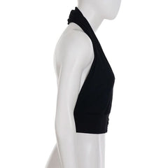 V neck halter button backless solid top