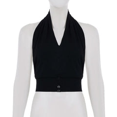 V neck halter button backless solid top