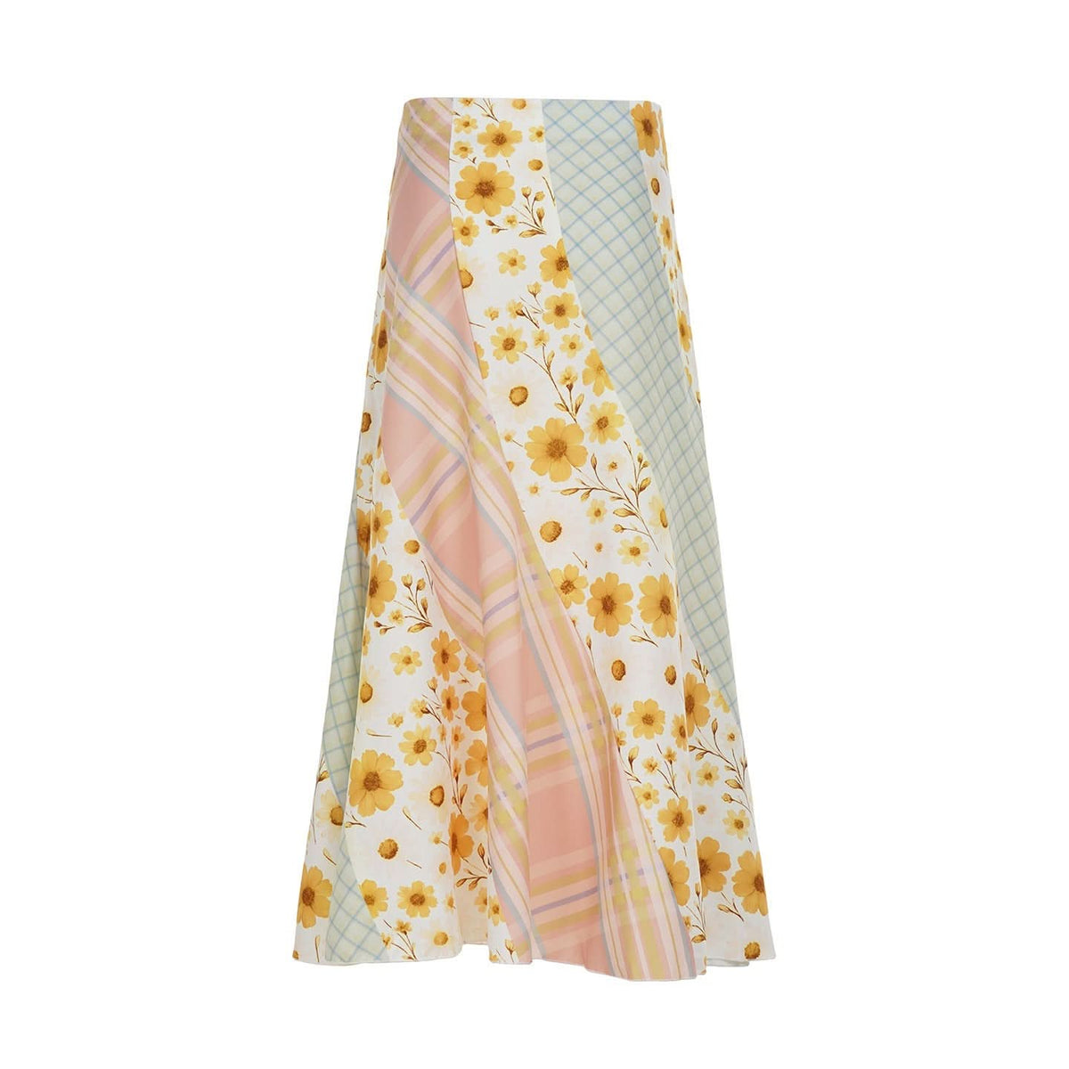 Flower print contrast plaid maxi skirt