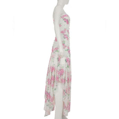 Irregular flower print ruched mesh tube maxi dress