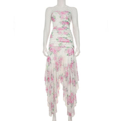 Irregular flower print ruched mesh tube maxi dress