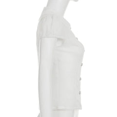 Puff sleeve striped button turnover collar top