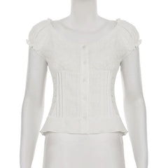 Puff sleeve striped button turnover collar top