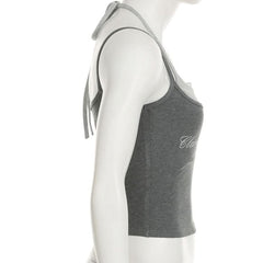 Lace hem u neck halter self tie letter pattern top