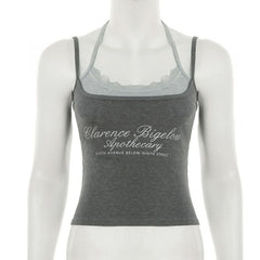 Lace hem u neck halter self tie letter pattern top