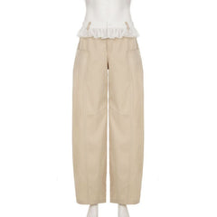 Zip-up button ruched lace straight leg pant