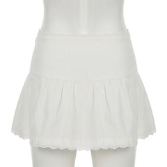 Zip-up lace hem ruched A line self tie mini skirt