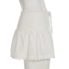 Zip-up lace hem ruched A line self tie mini skirt