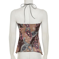 Self tie halter hollow out beaded print cut out top