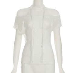 Short sleeve irregular lace off shoulder top